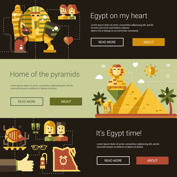 Platte ontwerp Egypte reizen banners set met beroemde Egyptische symbolen — Stockvector