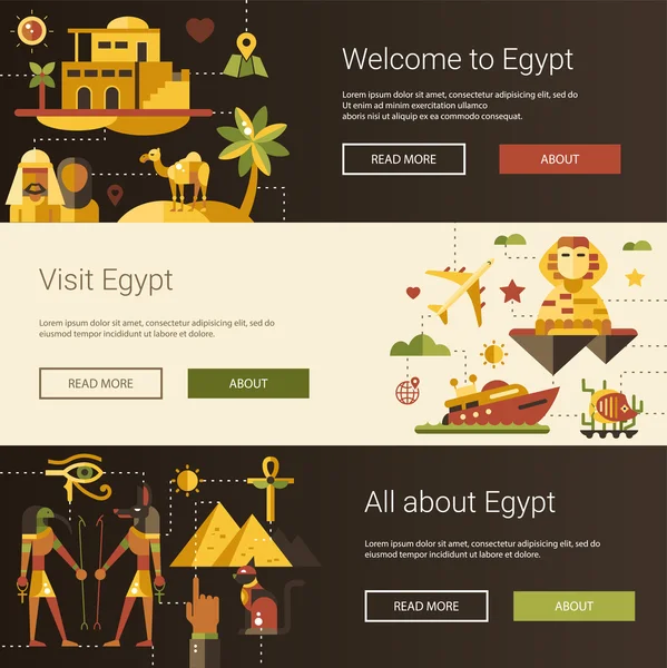 Płaska konstrukcja Egiptu podróż banery zestaw ze znanych symboli egipski — Wektor stockowy