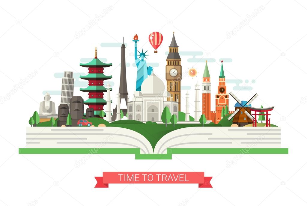 Flat design illustration with world famous landmarks on a book