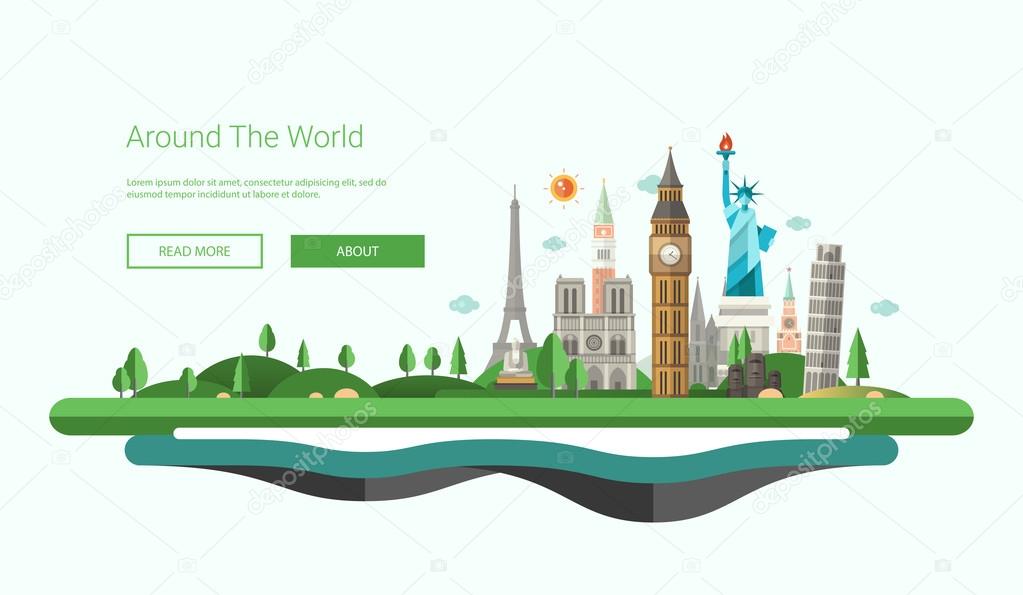 Flat design banner, header illustration with world famous landmarks