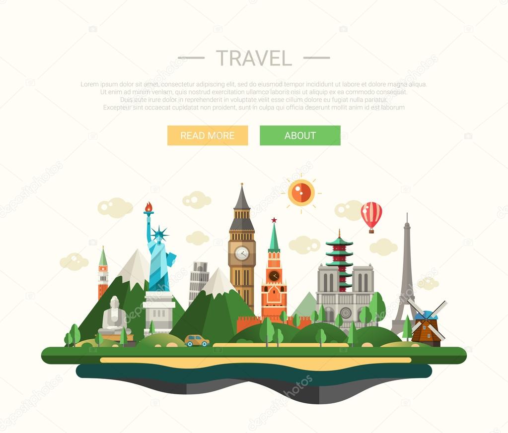 Flat design composition illustration with world famous landmarks