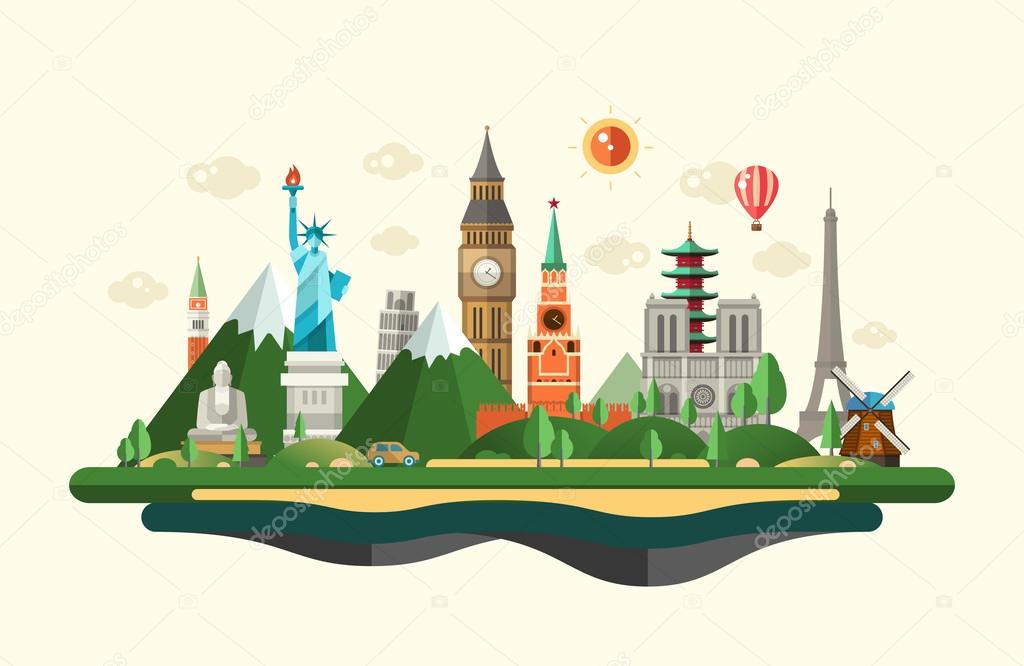 Flat design composition illustration with world famous landmarks