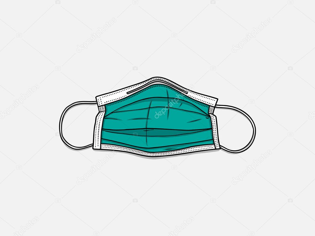 Medical mask or surgical mask, Dentist mask, that protects airborne diseases, viruses. Coronavirus. Defence from air pollution. illustration, Vector, isolated on white background. doodle art.