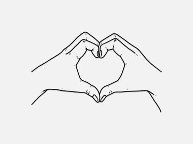 Sevgililer Günü için vektör el çizimi. Ellerin kalp şeklinde. Beyaz arka planda izole edilmiş aşk işareti.