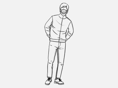 Elleri sırtında bir adam. Maske tak. Yeni normal. Beyaz arka planda insan karakteri. El çizimi biçim vektör tasarımı çizimleri.