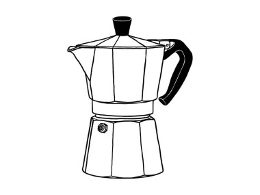 Moka pot Kahve Makinası kabartma çizimi. Tahta sitili taklit. Siyah beyaz el çizimi resim.