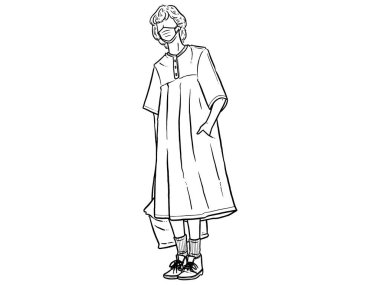 Eli cebinde bir çantayla ayakta duran bir kadın. Maske tak. Yeni normal. Beyaz arka planda insan karakteri. El çizimi biçim vektör tasarımı çizimleri.