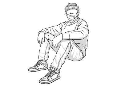 Oturan bir adam. Maske tak. Yeni normal. Beyaz arka planda insan karakteri. El çizimi biçim vektör tasarımı çizimleri.