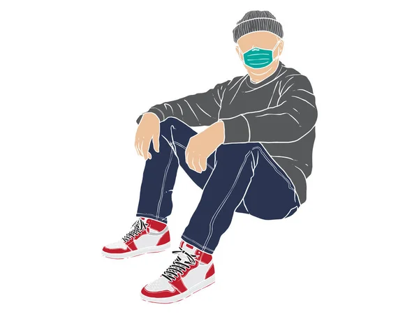 Man Sitting Wear Mask New Normal Human Character White Background — Vector de stock