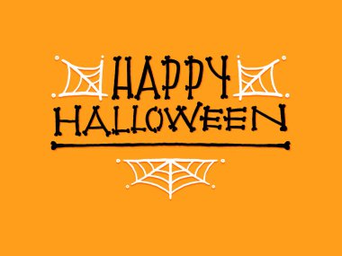 Cadılar Bayramı için Mutlu Cadılar Bayramı ve Örümcek Ağı posteri reklamları. Turuncu arkaplanda el yazısıyla yazılmış harfler. Poster, sosyal ağ, afiş, kartlar için vektör şablonu.