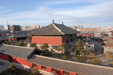 The Huayan Temple or Huayan Monastery in Datong, Shanxi Province in China. This Buddhist temple is a good example of ancient Chinese architecture. View of Huayan Temple from above and Datong city. clipart