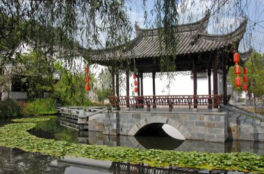 Jiangwan in Wuyuan County, Jiangxi Province, China. Jiangwan is an ancient town in Wuyuan County known for its Tang Dynasty architecture. Pavilion with red lanterns in a lotus pond. clipart