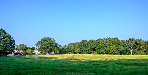 View across Hayes Common in Hayes, Kent. Sunlight and shadows on the grass in the late afternoon with trees and clear blue sky. Hayes Common is in the Borough of Bromley (Greater London), Kent, UK.