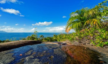 Tropikal ada Praslin 'in dağlarından manzara. Turkuaz deniz, mavi gökyüzü, pitoresk yeşil bitkiler, palmiye ağaçları. Kayaların arasından bir dağ deresi akıyor. Seyşeller.