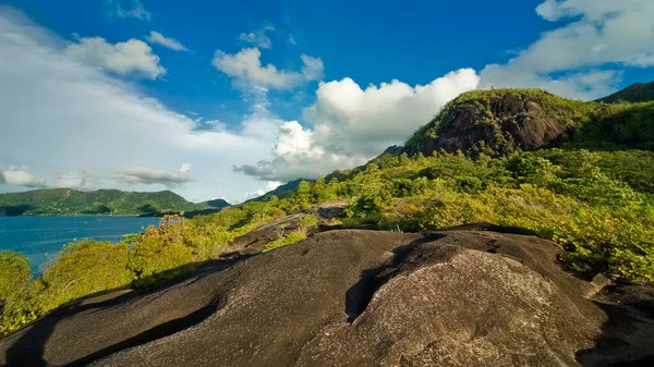 Prachtig Landschap Praslin Eiland Van Seychellen Rotsen Bedekt Met Tropisch — Stockfoto