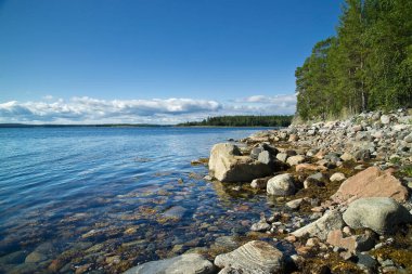 Kuzey Kutup Dairesi yakınlarındaki Beyaz Deniz Kıyısı manzarası. Farklı şekil ve renkte taşlar ve berrak mavi su..