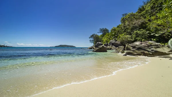 Seascape Eine Türkisfarbene Welle Fließt Hellen Unberührten Sand Des Strandes — Stockfoto