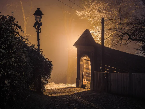 Akustische Gitarre Lehnt Nebel Der Nacht Einem Stuhl — Stockfoto