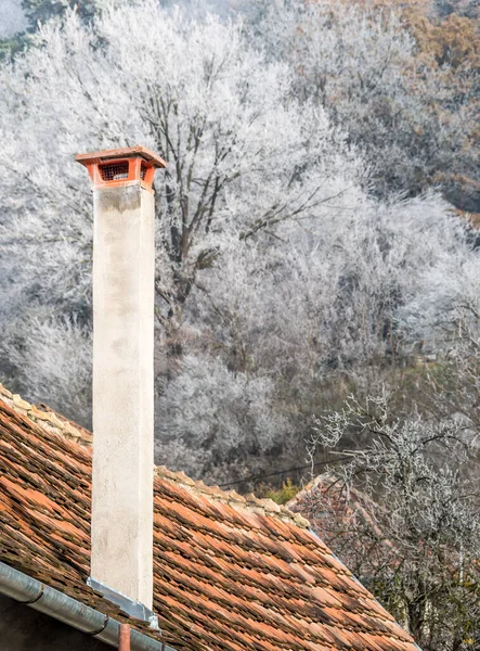 Grande Cheminée Sur Toit Une Maison Avec Des Arbres Arrière — Photo