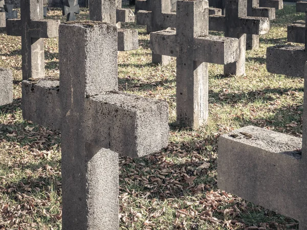 Cruzes Pedra Sólida Alinhadas Cemitério — Fotografia de Stock