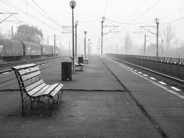 Одинокая Капризная Сцена Железнодорожной Станцией Железнодорожной Платформой Туманное Утро — стоковое фото