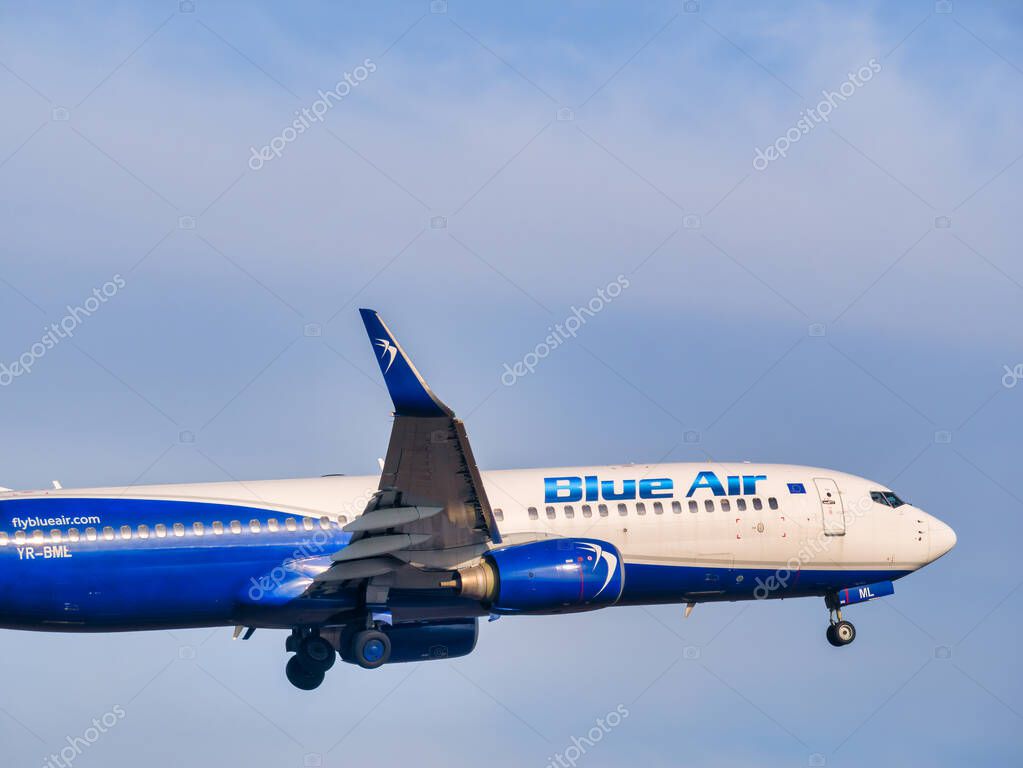 Otopeni, Romania - 01.23.2021 - A Blue Air Boeing 737-82R (YR-BML) airplane takes off from Henri Coanda International Airport.