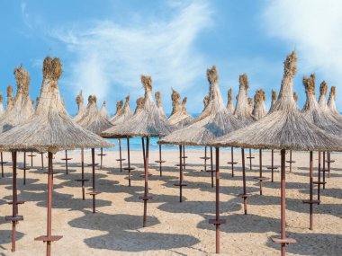Summer landscape with straw umbrellas on the beach in Mangalia or Mamaia. Beach at the Black Sea in Romania.