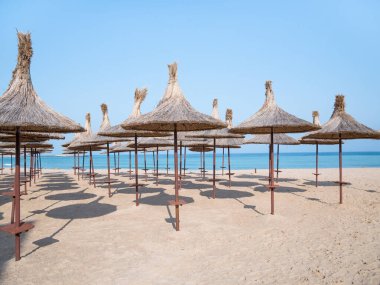 Summer landscape with straw umbrellas on the beach in Mangalia or Mamaia. Beach at the Black Sea in Romania.