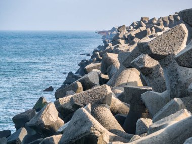 Dalgakıran tetrapodları korunmak için betondan yapılır. Deniz kıyısını korumak için tetrapodlar