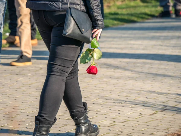 Chica Mujer Caminando Sosteniendo Una Sola Rosa Roja Mano — Foto de Stock