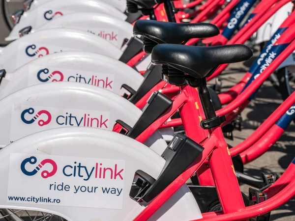 Bucharest Romania 2021 City Link Aligned Bicycles Rent Parked Sidewalk — Stock Photo, Image