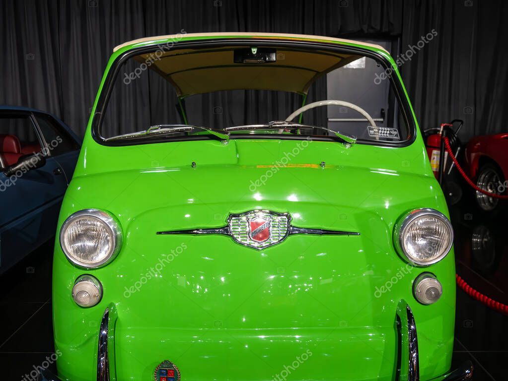 Bucharest, Romania - 05.14.2021: Front view with a green Fiat Moretti 750 Multipla Mare
