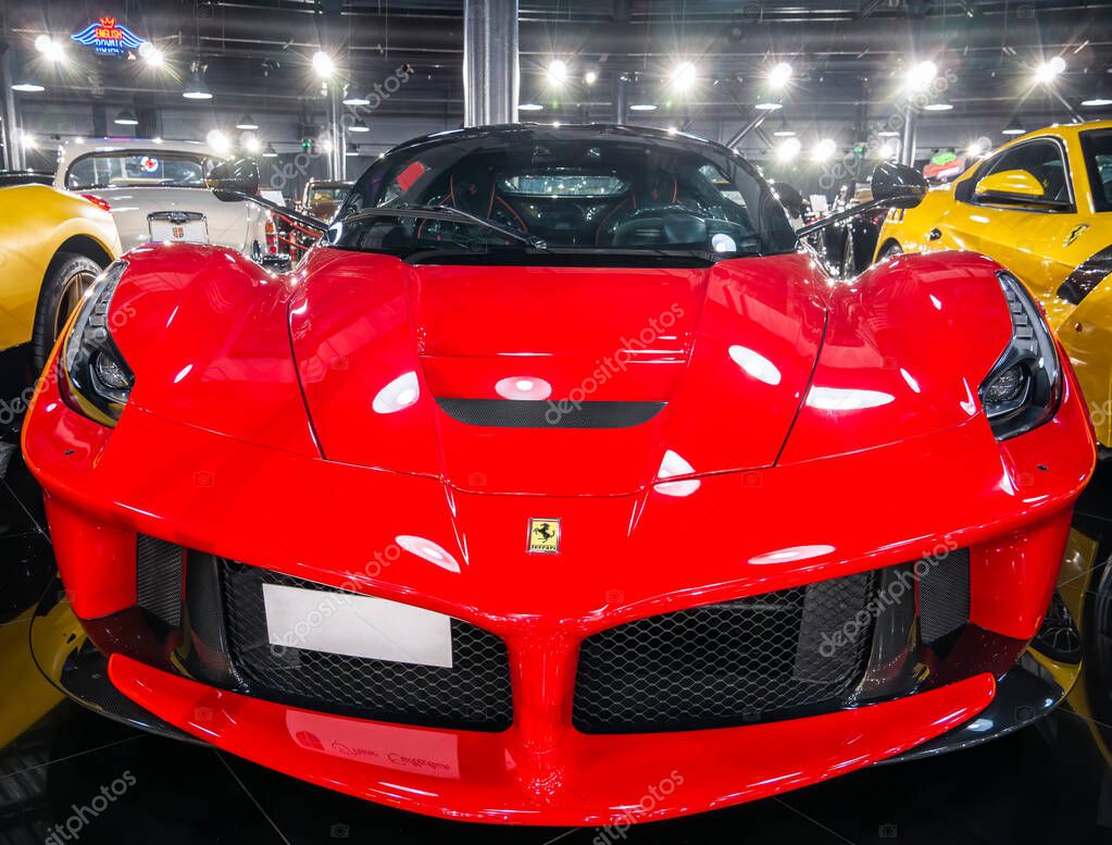 Bucharest, Romania - 05.14.2021: Front view with a red Ferrari La Ferrari F 150 2014
