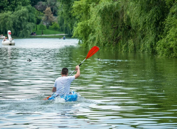 Egy Kajakos Férfi Evez Titan Parkban Férfi Kenuzás Egy Tavon — Stock Fotó