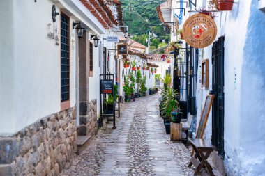 Cusco, Peru - 19 Mart 2025: Cusco 'da renkli saksıları ve beyaz duvarlı binalara asılı bitkileri olan resim gibi dar bir cadde
