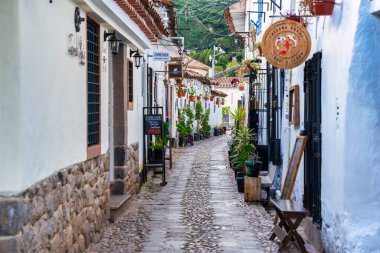 Cusco, Peru - 19 Mart 2025: Cusco 'da renkli saksıları ve beyaz duvarlı binalara asılı bitkileri olan resim gibi dar bir cadde