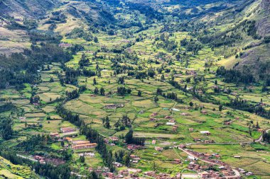 Scenic view overlooking the lush green landscape of the Sacred Valley of the Incas. View from Pisac Archaeological Site