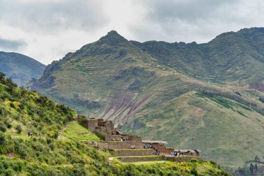 Pisac, Peru - 20 Mart 2025: Antik İnka arkeoloji sahasındaki tarım taşı terasını ziyaret eden bir grup turist