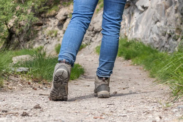 hiking shoes in action on a mountain gravel path surrounded by grass. Close-up of female hikers shoes