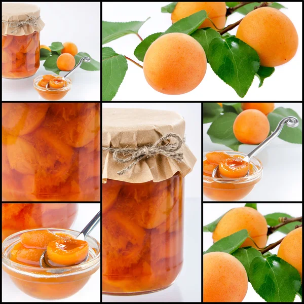 Collage with apricot jam in a jar covered paper with a spoon and — Stock Photo, Image