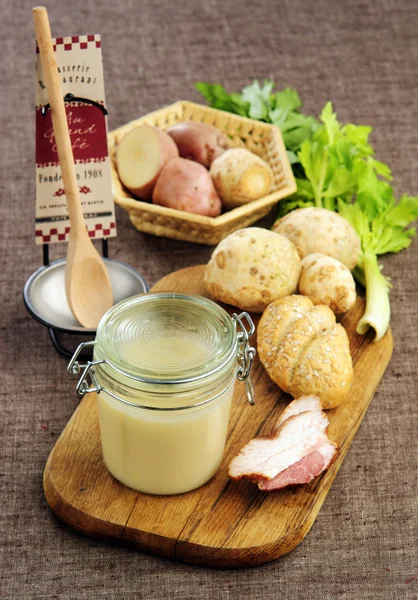 Puree soup with ham in the pot — Stock Photo, Image