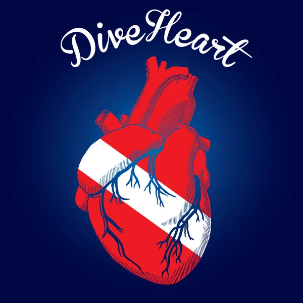 Dive Heart deep blue flag red white color — Stock Vector