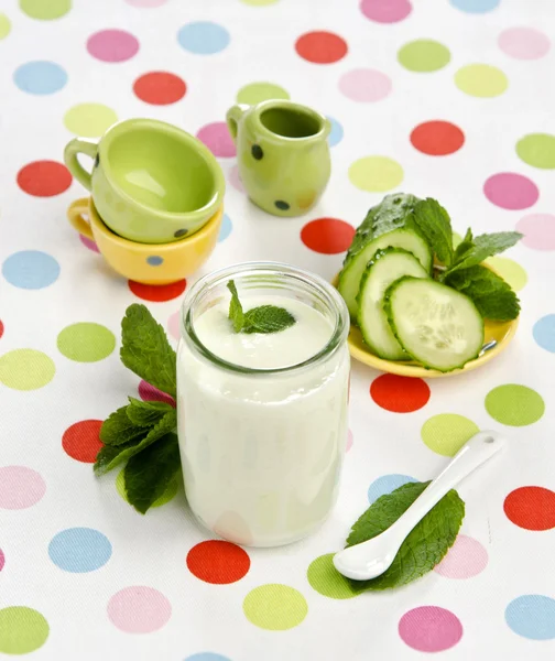 Baby food yogurt with cucumber — Stock Photo, Image