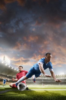 Futbolcular günbatımı Stadyumu arka plan eylem içinde