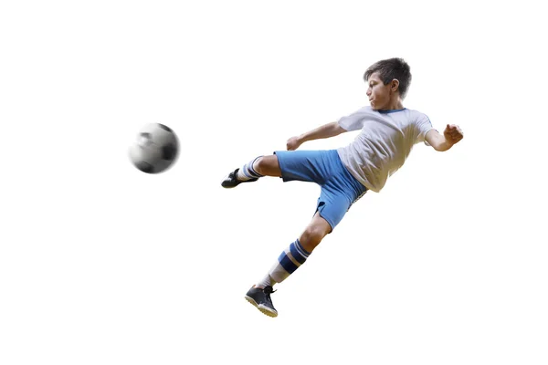 Boy with soccer ball, Footballer on the white background. isolated — Stock Photo, Image