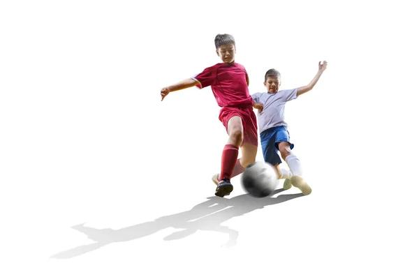 Garçon avec ballon de football, footballeur sur fond blanc. isolé — Photo