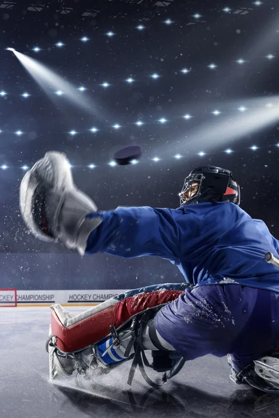 Ein junger Eishockeytorwart in einer einsatzbereiten Position — Stockfoto