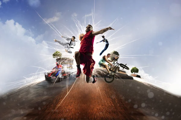 Multi sports collage karting basketball bmx batut karate — Stock Photo, Image