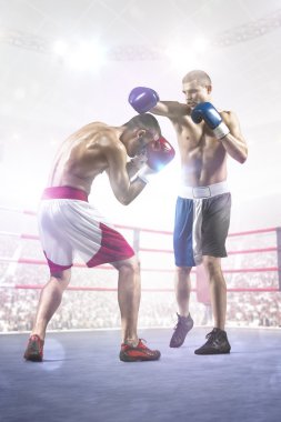 Two professionl boxers are fighting on arena clipart