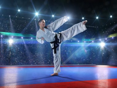 Beyaz izole profesyonel kadın karate avcı